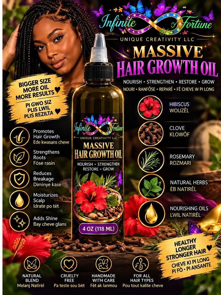 Massive Hair Growth Oil – 4 oz Scalp Applicator Bottle | Infinite Fortune™ by Unique Creativity LLC