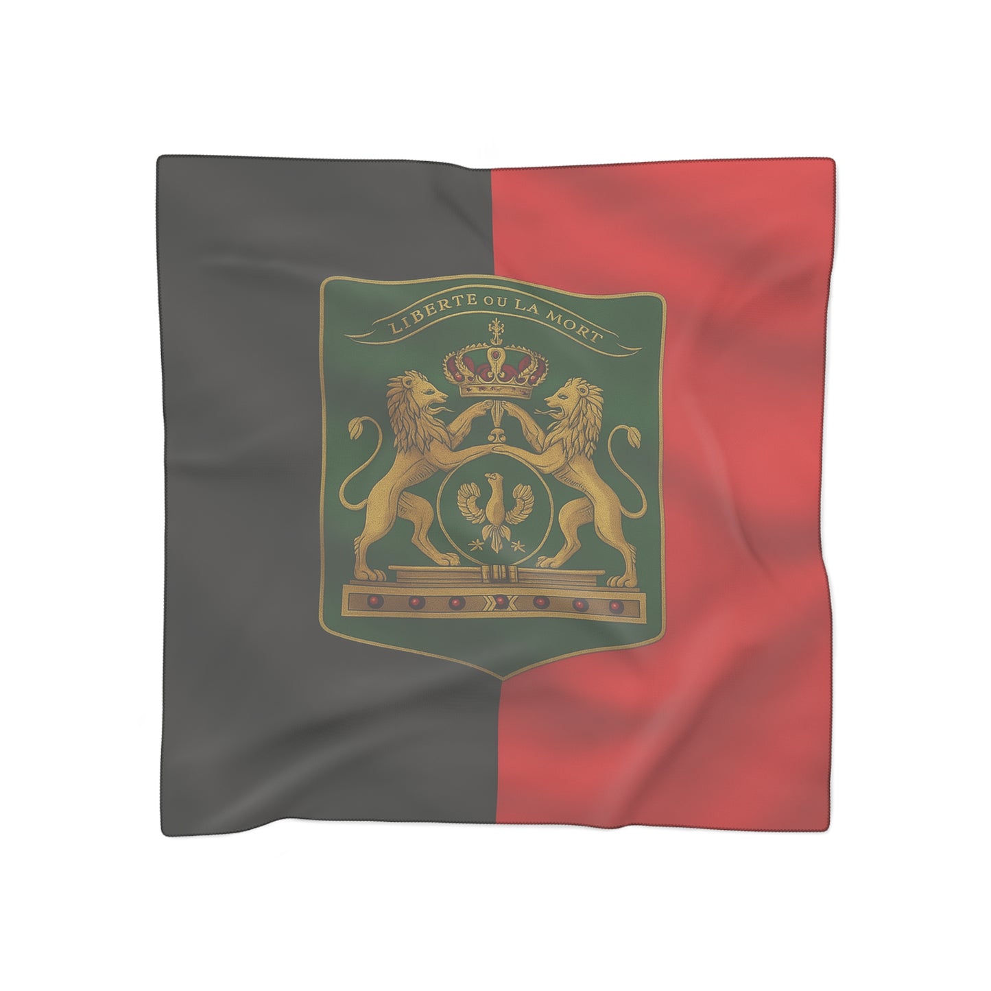 Haitian flag Crest Scarf — Red & Black Silk-Feel Square Scarf with Lion Emblem