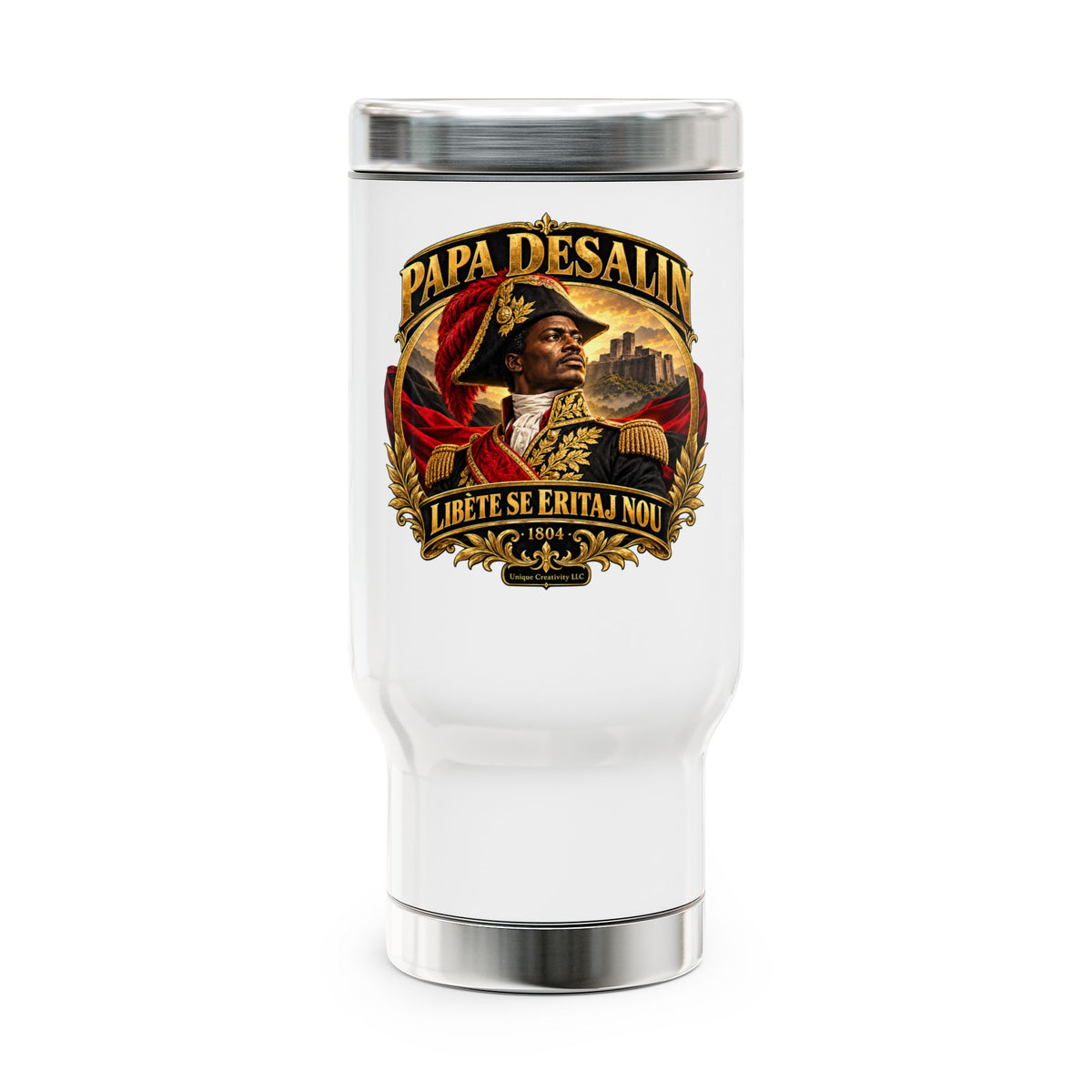 Papa Desalin Mug — Libète Se Eritaj Nou | Haitian Heritage Travel Mug - 14oz Stainless Steel Insulated Tumbler with Handle