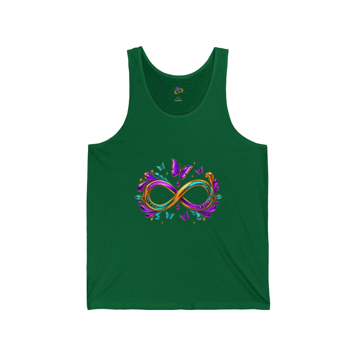 Unisex Mardi Gras Infinity Symbol Tank | Purple Green Gold Butterfly Flourish