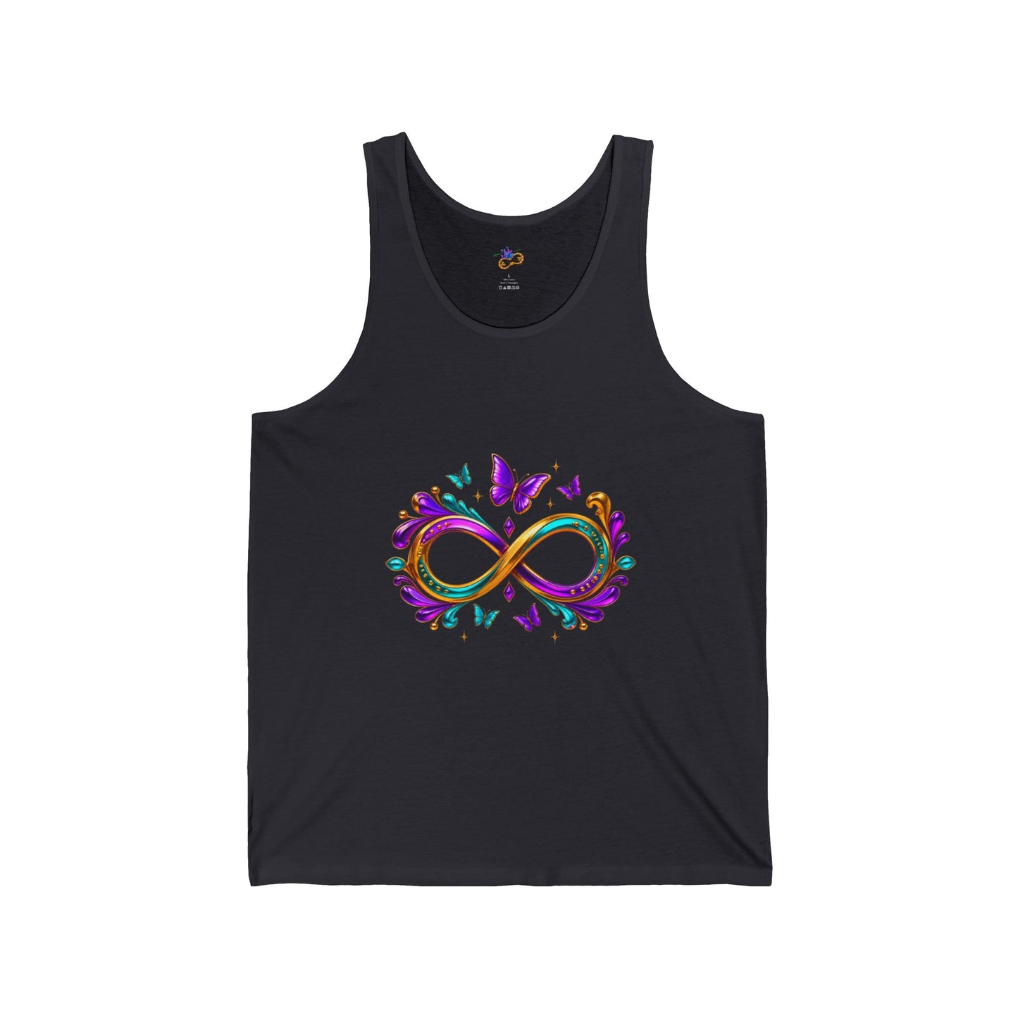 Unisex Mardi Gras Infinity Symbol Tank | Purple Green Gold Butterfly Flourish