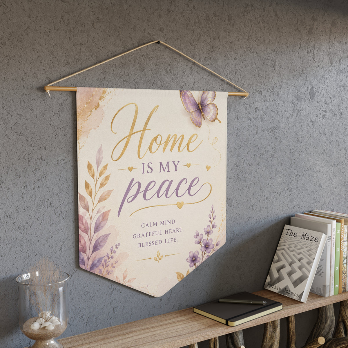 Home Is My Peace pennant | calming floral wall banner, lavender butterfly decor