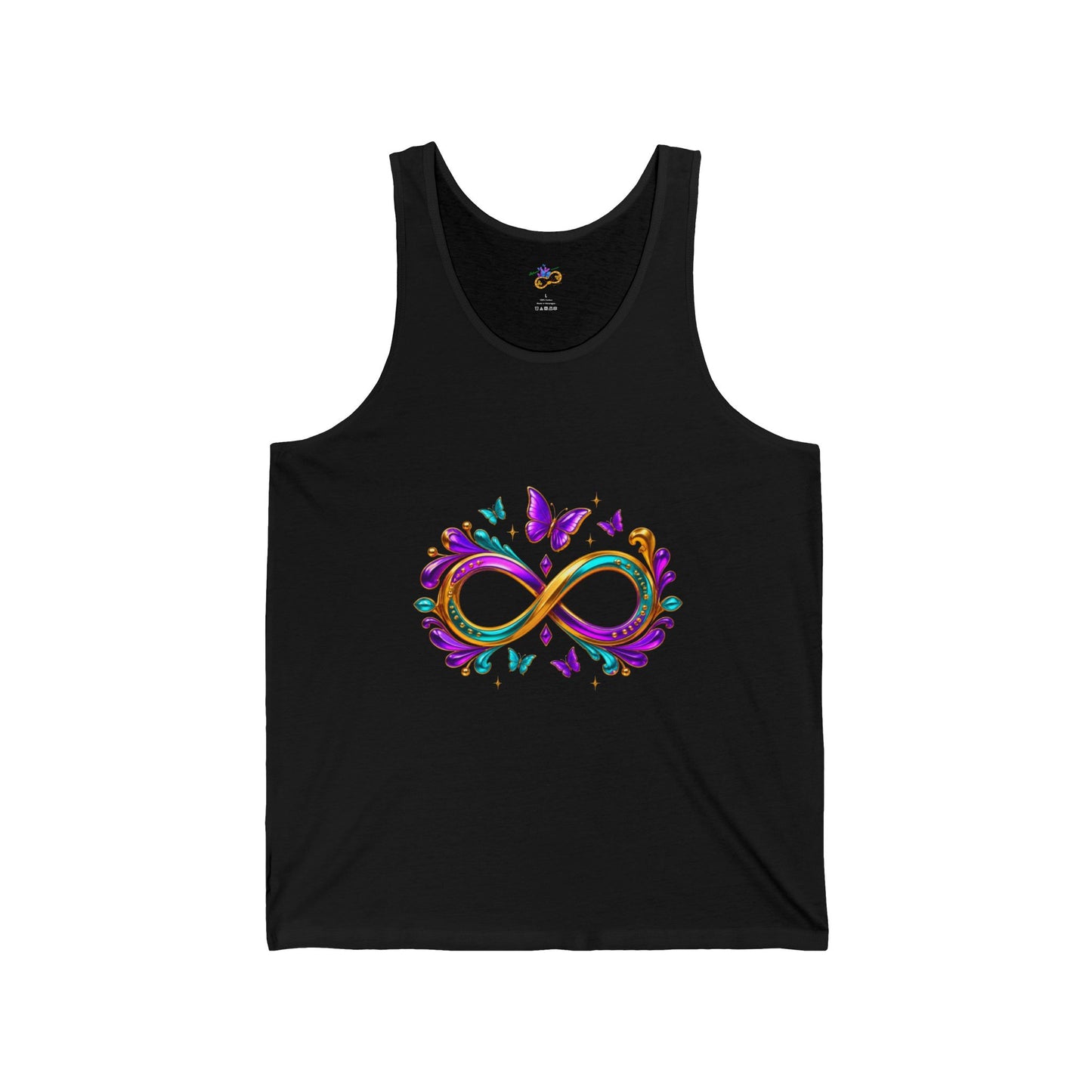 Unisex Mardi Gras Infinity Symbol Tank | Purple Green Gold Butterfly Flourish