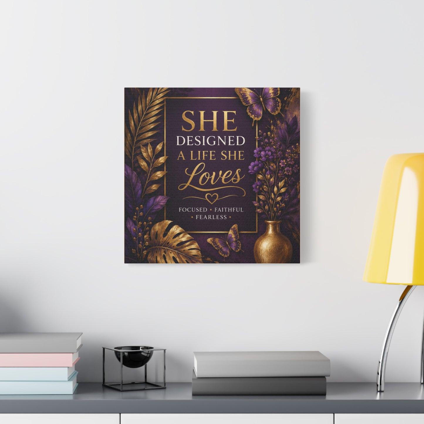 UCL She Designed a Life She Loves canvas | Motivational Wall Art, Purple Gold Butterfly