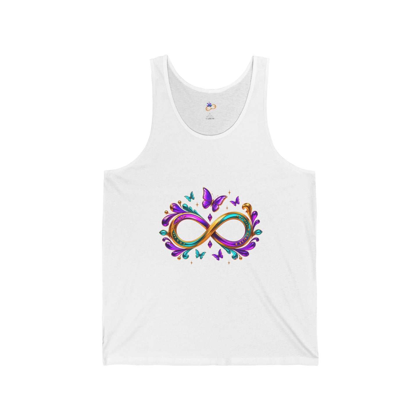 Unisex Mardi Gras Infinity Symbol Tank | Purple Green Gold Butterfly Flourish