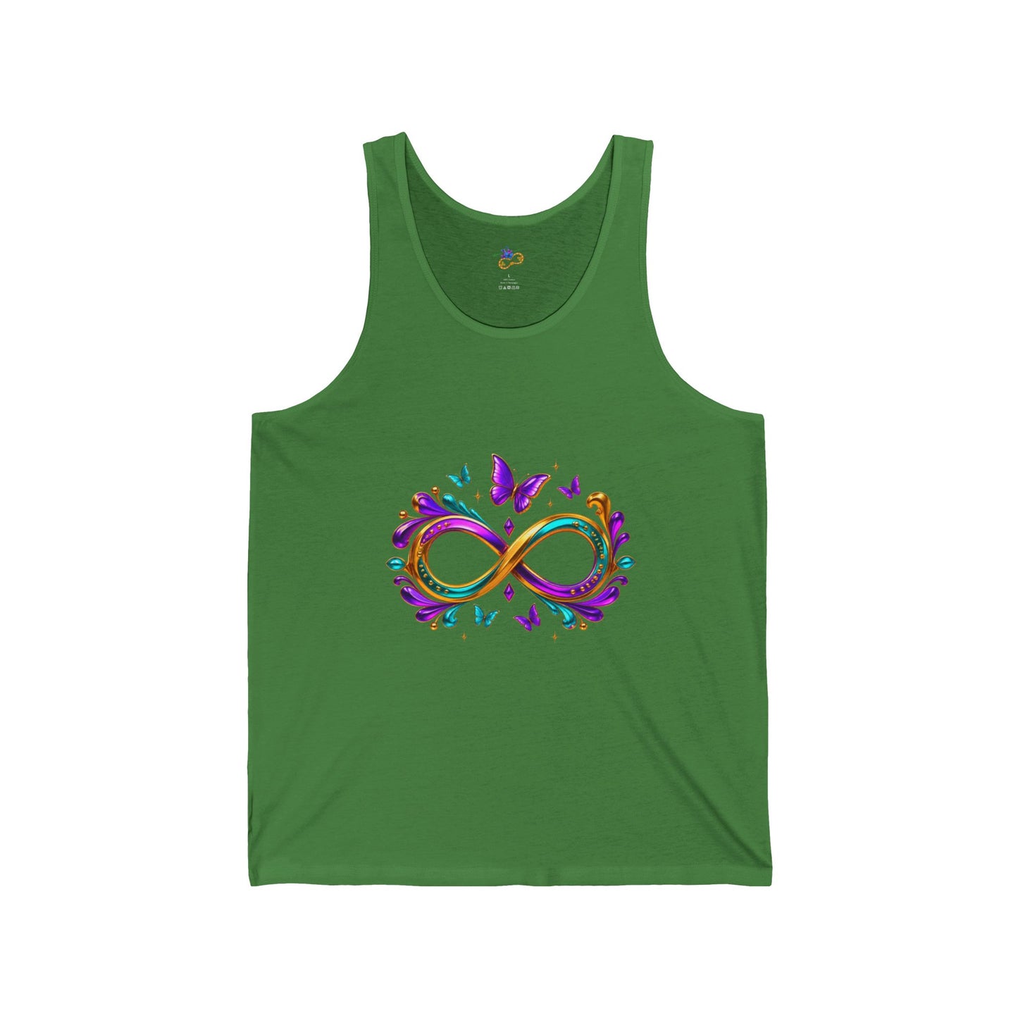 Unisex Mardi Gras Infinity Symbol Tank | Purple Green Gold Butterfly Flourish