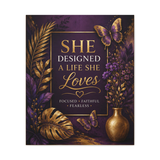 UCL She Designed a Life She Loves canvas | Motivational Wall Art, Purple Gold Butterfly