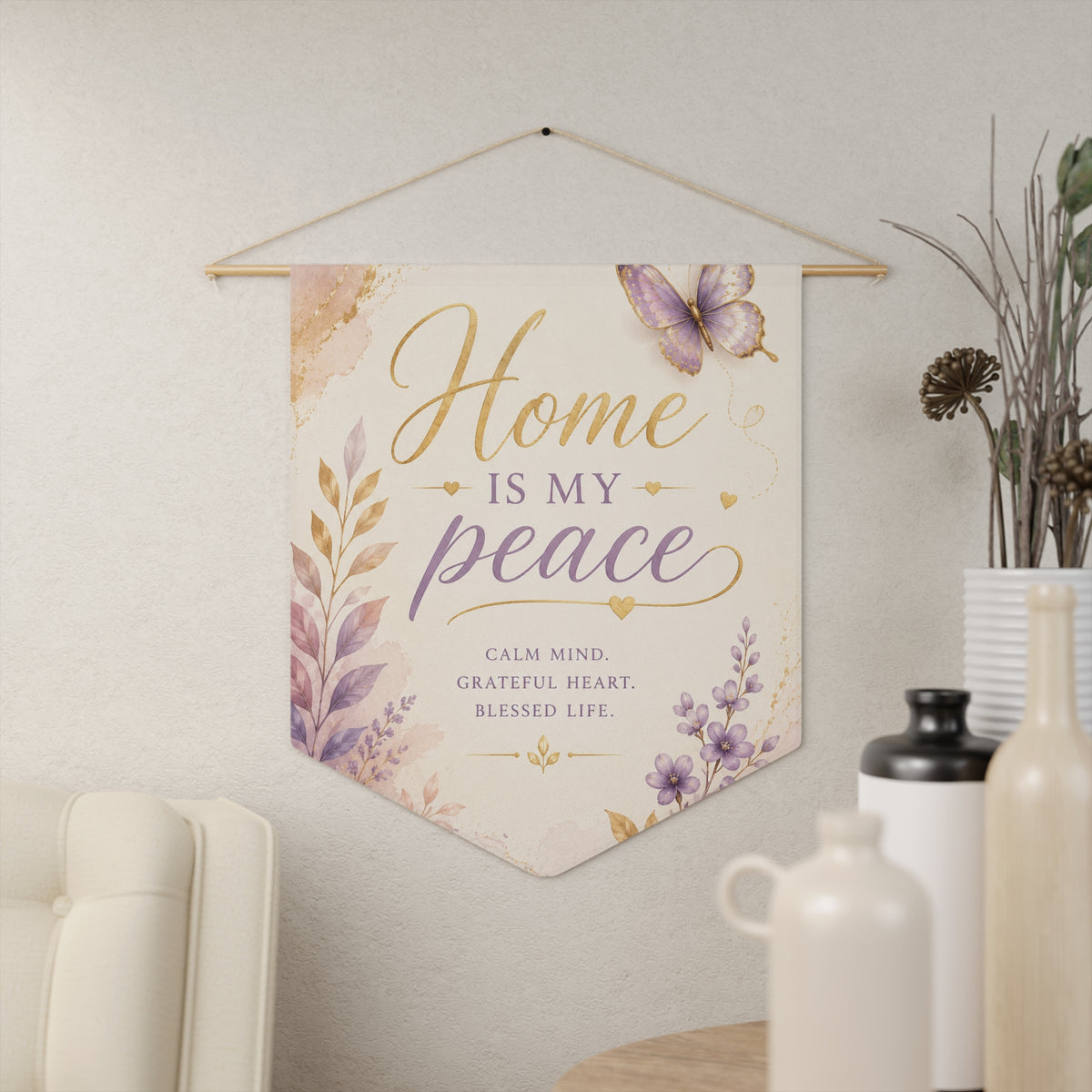 Home Is My Peace pennant | calming floral wall banner, lavender butterfly decor