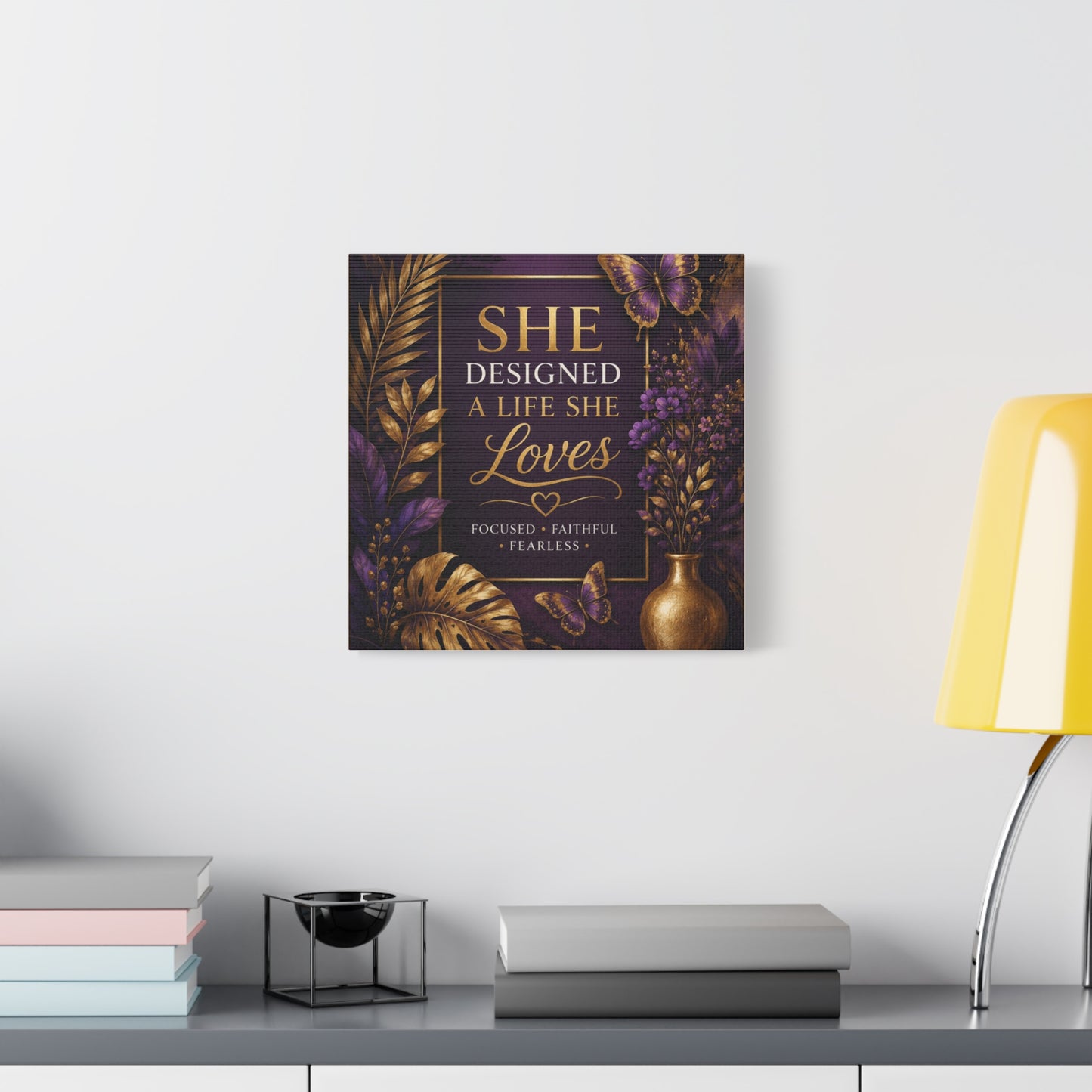 UCL She Designed a Life She Loves canvas | Motivational Wall Art, Purple Gold Butterfly