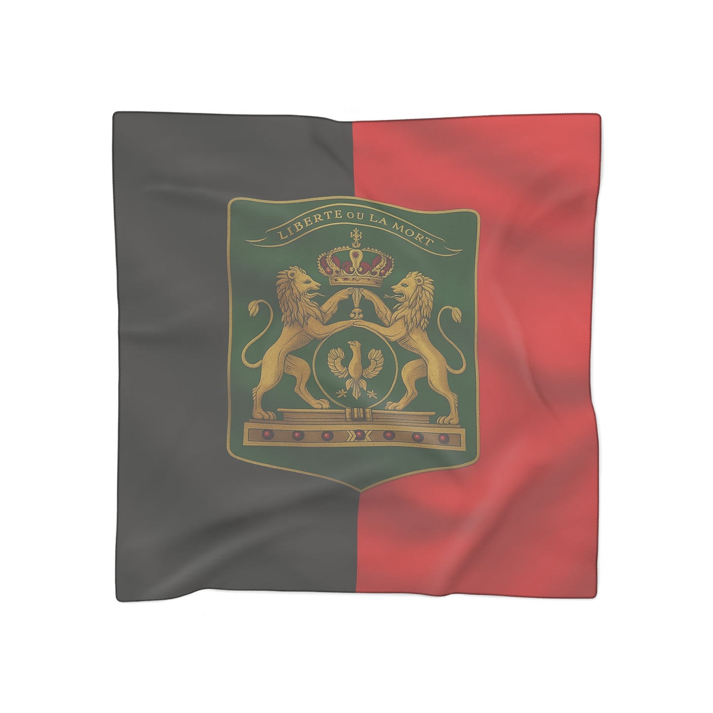 Haitian flag Crest Scarf — Red & Black Silk-Feel Square Scarf with Lion Emblem