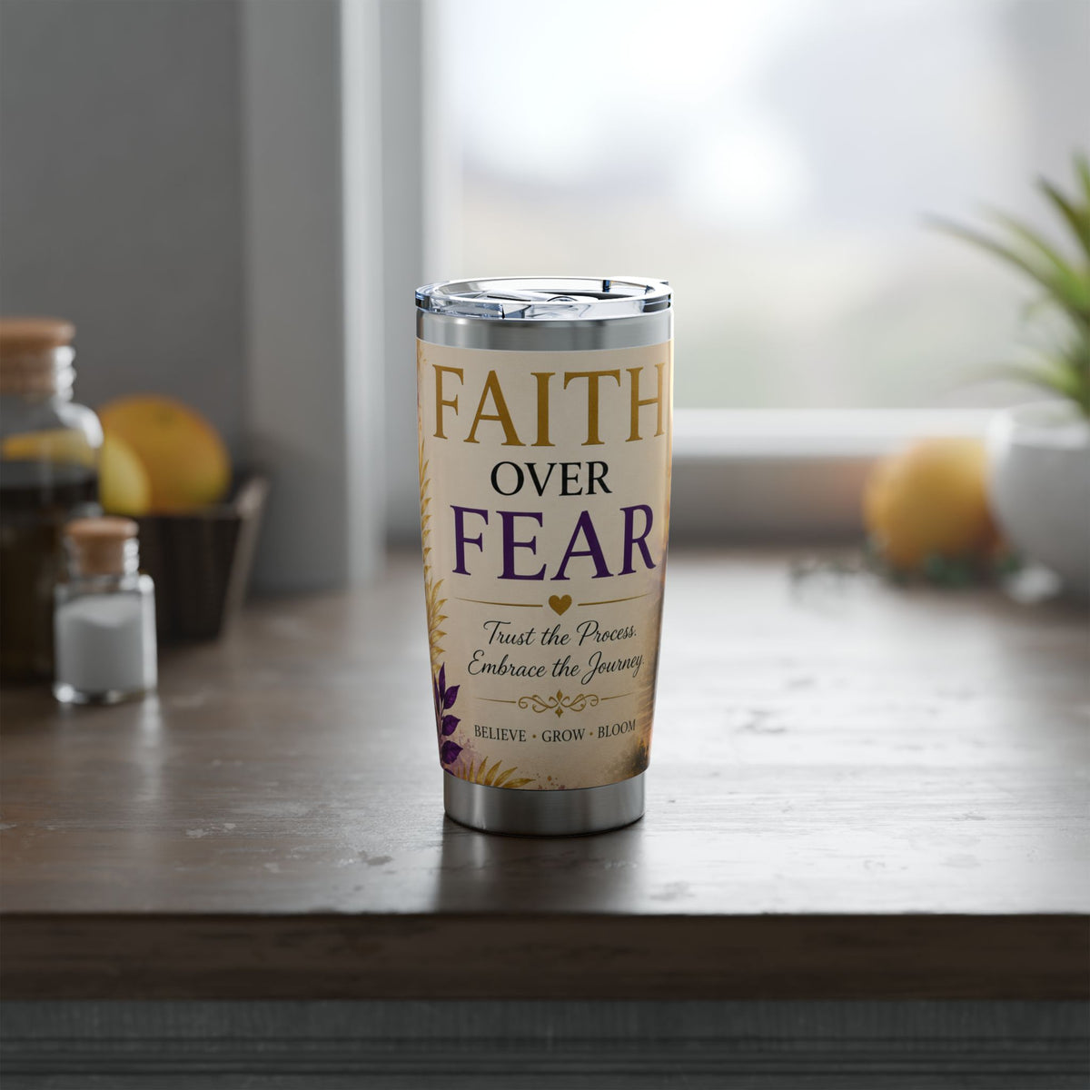 Faith Over Fear Tumbler | Butterfly Sunset Travel Mug