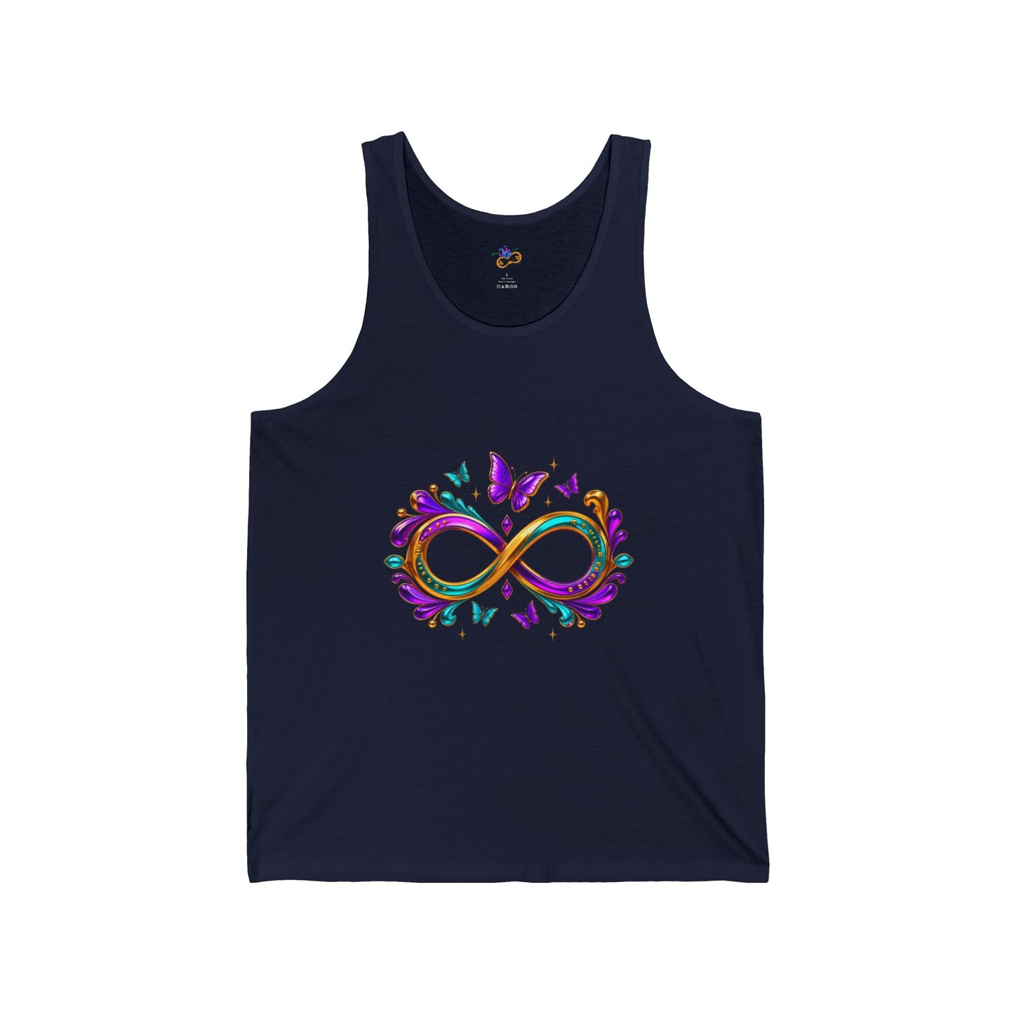 Unisex Mardi Gras Infinity Symbol Tank | Purple Green Gold Butterfly Flourish