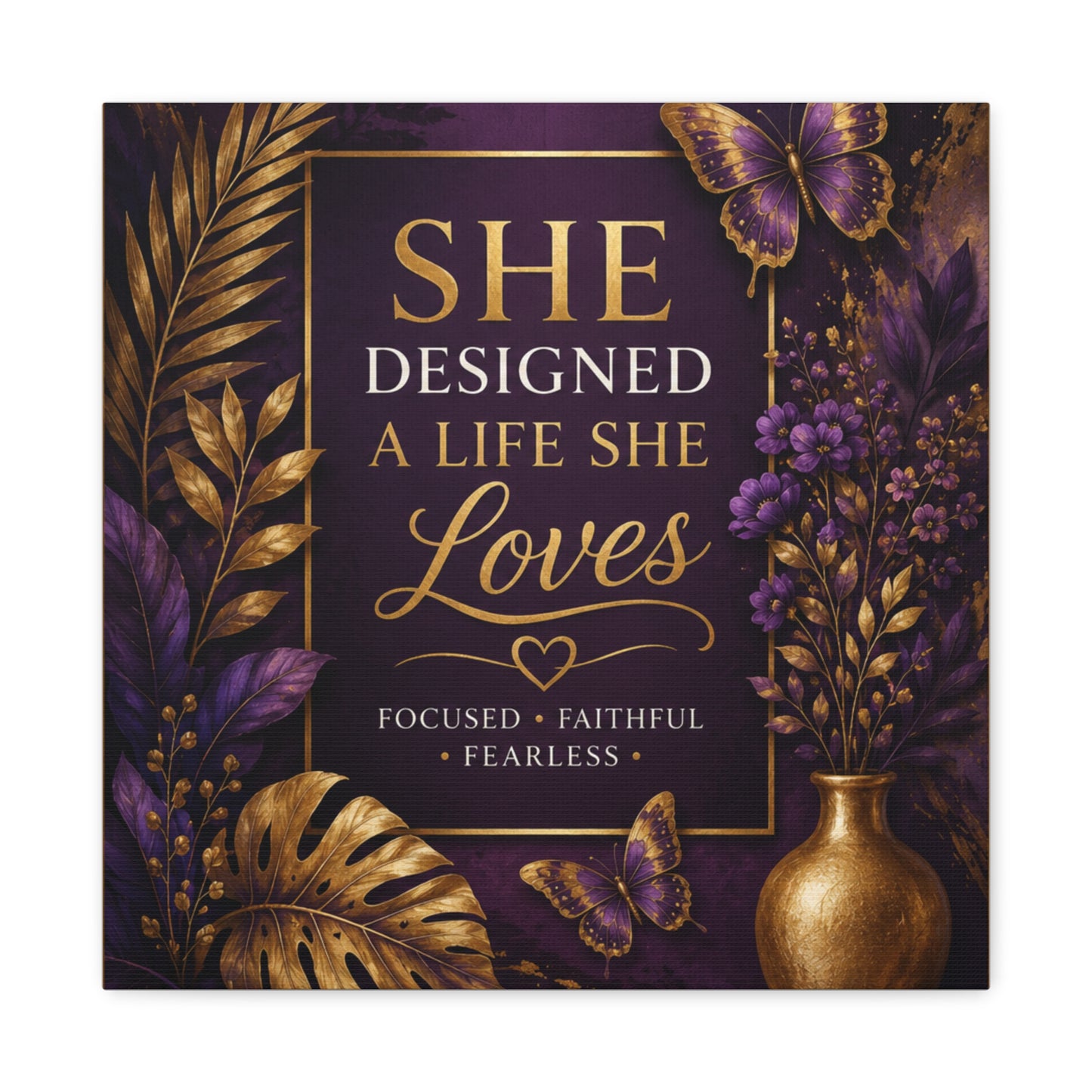 UCL She Designed a Life She Loves canvas | Motivational Wall Art, Purple Gold Butterfly