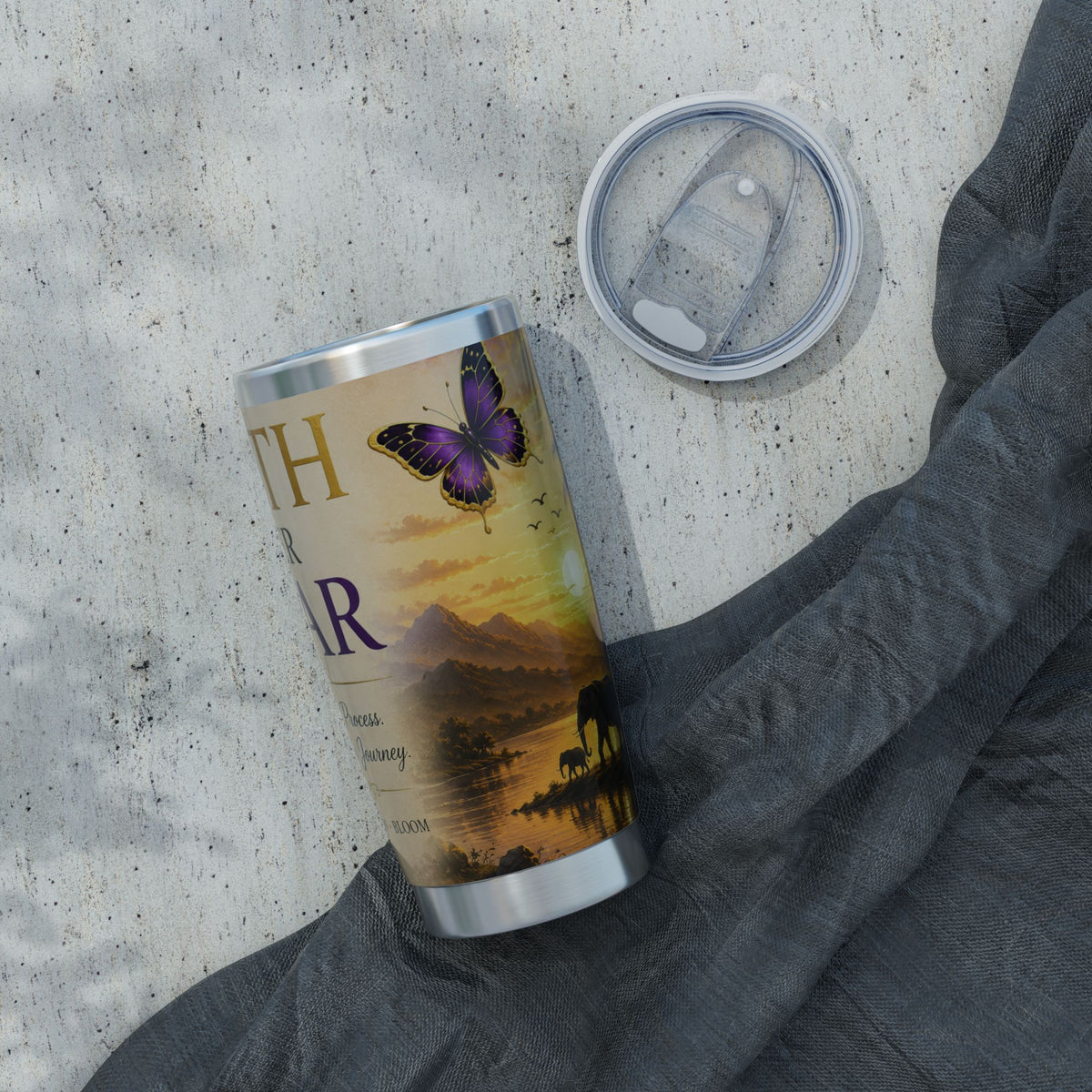 Faith Over Fear Tumbler | Butterfly Sunset Travel Mug